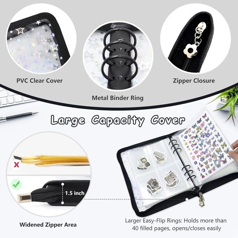 Ruatu Sticker Storage Organizer Binder A5 Sticker Collecting Book Reusable Zipper Album with Clear Laser Star Cover and Pocket Pages (Black) - Image 2